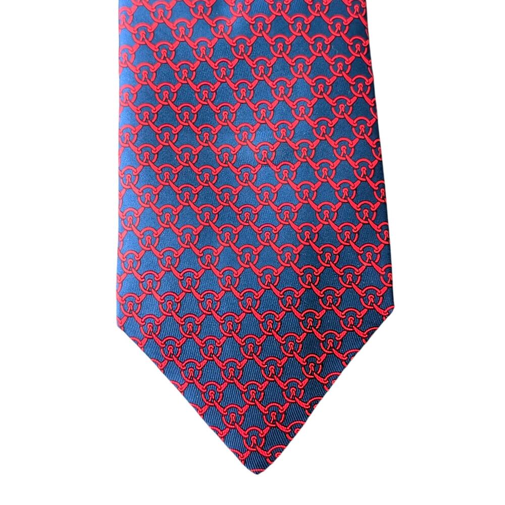 Vintage Hermès 100% Silk Men's Dark Blue Tie With Red Geometric Designs